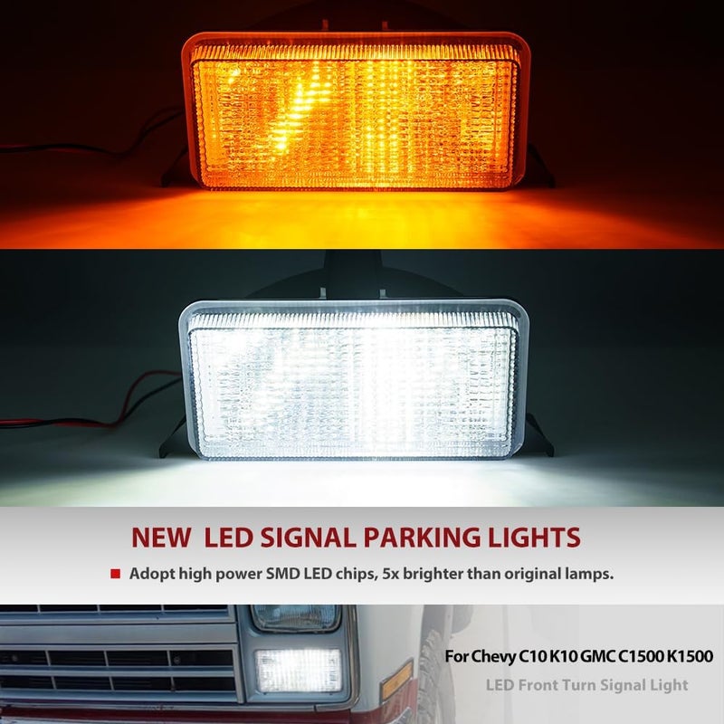 Mingrui test OEM Front Turn Signal Lights for 83-86 Chevy C/K C10 C20 C30 K10 K20 K30 GMC C1500 K1500 Amber Bumper Signal & White Parking Light Corner Marker OEM# 915908 GM2520122 Clear Lens With 2Pcs Led Bulbs - Image 2